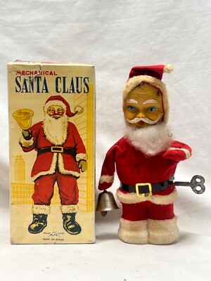 vintage mid century KEY WIND MECHANICAL SANTA BELL RINGER wBox WORKS watch video-image