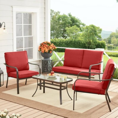 Mainstays Stanton 4-Piece Steel Outdoor Patio Conversation Set, Red-image