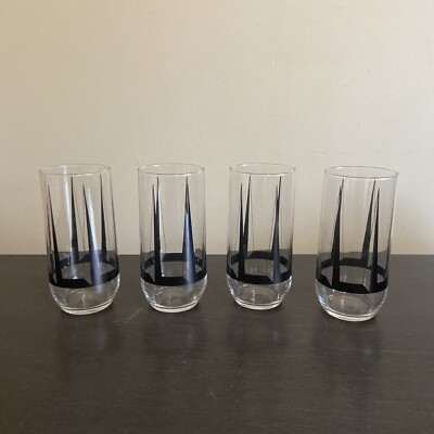 Vintage MCM Edgar Watkins Pyramid Drinking Glasses Set of 4 Clear & Black 14 Oz-image