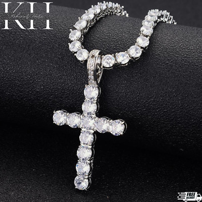 14k Gold Silver Plated Tennis Chain Choker ICED CZ Necklace with Cross Pendant-image