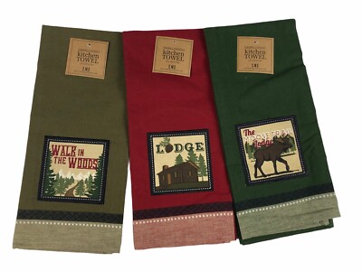 Design Imports Walk in Woods Moose Trail Lodge Embellished Dishtowel Set 3 NWT-image