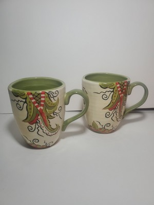 2 Pier 1 Imports Earthenware Jardine Paisley Mugs Hand-painted set Tan/ Green-image