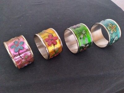 Four (4) PIER 1 IMPORTS Napkin Rings – Each with a Different Color Floral Design-image