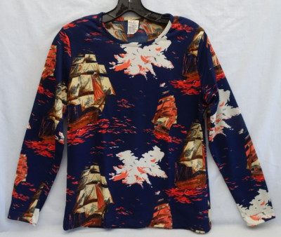 Andrew St John Imports Vintage 70s Polyester Sailing Ship Design Navy Sz XL Top-image