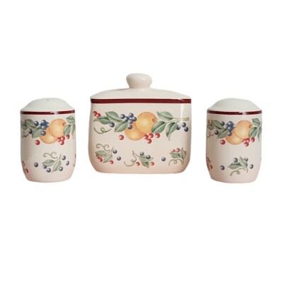 Vtg Jay Imports Ceramic Napkin Holder Salt Pepper Shaker Fruit Pattern Set of 3-image