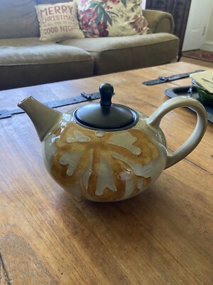 Pier 1 Imports Hand Painted Pottery KIOKO Tea Pot KIOKO Black Lid Gold Design-image