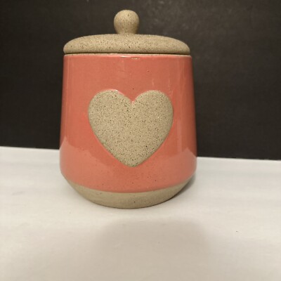 Pier 1 Imports 7-inch Mauve Textured Stoneware Heart Design Storage Canister-image