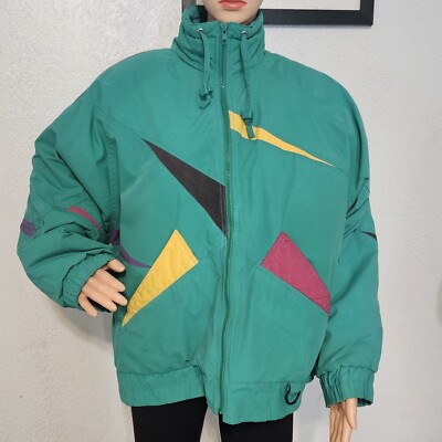 M STUNNING 80s/90s Retro Coat Vintage Color block Winter Jacket Thick Rare Green-image