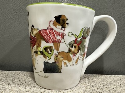 Pier 1 Imports Hand Painted Coffee Mug Cup, Park Avenue Puppies Festive Holiday-image