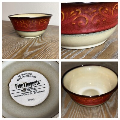 Pier 1 Imports Stoneware Red Scroll Scrollwork Design Deep Soup/Cereal Bowl-image