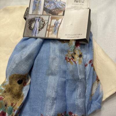NWT Pier 1 Imports Blue Spring All Purpose Wrap Scarf Brown Rabbits Flowers-image