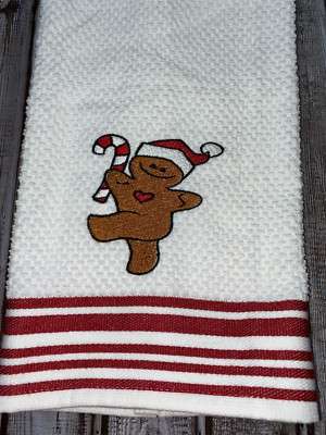 Embroidered Striped  Kitchen  Hand Towel   Gingerbread Man Christmas BS2916-image