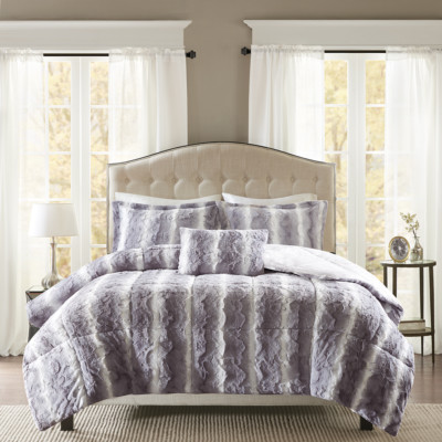 NEW! ~ COZY ULTRA SOFT LUXURY PLUSH FLUFFY FAUX FUR IVORY GREY COMFORTER SET-image