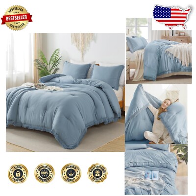 Chic Tassel Comforter Set - Full Size 3 Pieces Grayish Blue Lightweight Bedding-image