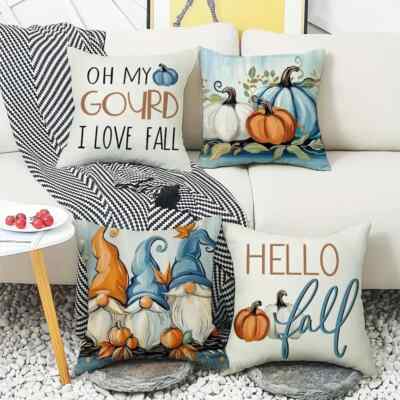 Autumn Charm Pillowcase Set: Cozy 4pcs Pumpkin & Gnome Decor – Perfect for Home-image
