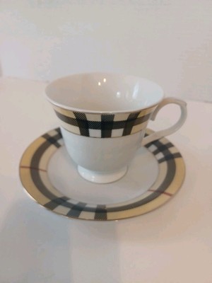 Gold Star Imports Golden Tea Cup Saucer Set Burberry Pattern By German Design -image