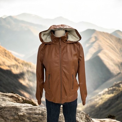 Womens Faux Leather Sherpa Lined Hooded Jacket L Warm Cozy Fall Winter Trendy-image