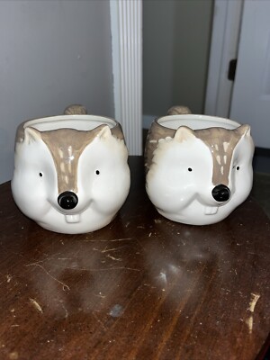Pier 1 Imports Chipmunk Hedgehog Squirrel 3D Hand-Painted Earthenware Mugs (2)-image