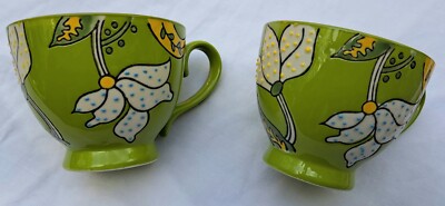 Pair (2) Dutch Wax Coastline Imports Mugs, Green w/Floral Design, Hand Painted-image