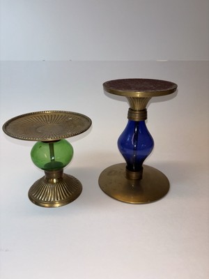 Ser/2 Vintage Pier One 1  Brass w/ Glass Candle Holders Pillars Rare HTF-image