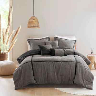 NEW! ~ COZY ULTRA SOFT PLUSH MODERN ELEGANT CHIC BLACK GREY STRIPE COMFORTER SET-image