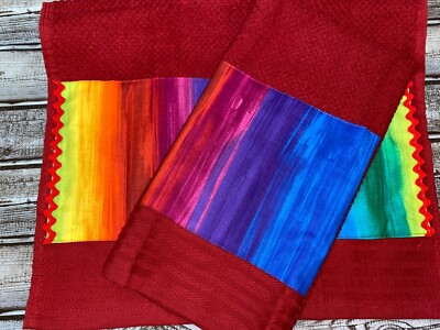 Red 2 piece Set Kitchen Hand TowelColorful Rainbow Theme Fabric w Red Trim-image