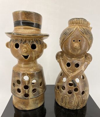 VTG  1960's 3D TALL CERAMIC BOY & GIRL VOTIVE CANDLE HOLDERS PRICE IMPORTS JAPAN-image