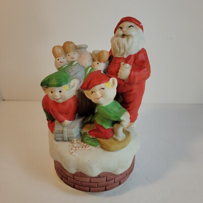 Christmas Santa Music Box with Elves and Nutcrackers Porcelain Wind Up Vintage-image
