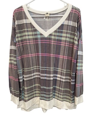 Sew In Love Plaid V Neck Pullover Shirt Size Large Gray Pink Comfort Preppy Cozy-image