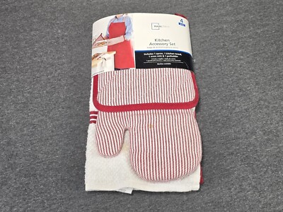 Mainstays Kitchen Accessory Set 4 Piece Apron Towel Oven Mitt Potholder Red-image