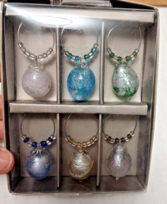 NIB Pier 1 Imports Set of 6 Blown Art Glass Eggs Baubles Charms Wine Charms-image