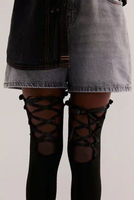 Free People Ladies Ticked & Tied Over The Knee Socks One Size Black-image