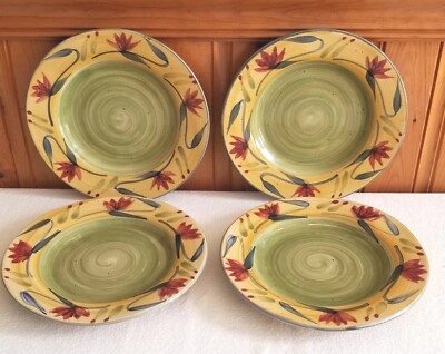 Pier 1 Elizabeth Set of 4 Salad Plates Green/Yellow w/Red Floral Hand Painted -image