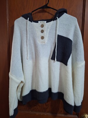 NWT Ladies Large Colorblock Hooded Cozy Oversized Henley Cream And Charcoal -image