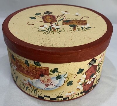 Vintage 1996 Crazy Mountain Imports Round Cardboard Herbs Box Floral Birdhouse-image