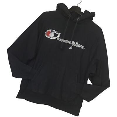 Vintage Champion Reverse Weave Hoodie Sz Medium Embroidered Spellout Logo Black-image