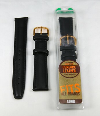 NEW 18MM LONG BLACK GENUINE LEATHER PADDED COMFORT STRAP WATCH BAND! OVER 8