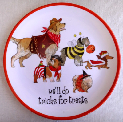 NEW~Pier1,Halloween Costumed Dogs,We'll Do Tricks For Treats,Salad/Dessert Plate-image