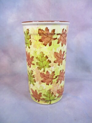 Pier 1 Imports Fall Green and Brown Leaf Design Vase Ceramic Round Cylinder 9”-image