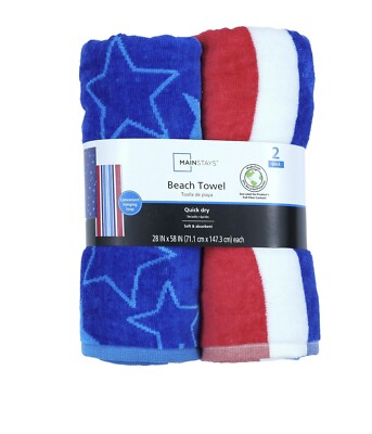 Mainstays Beach Towels Set of 2 Red, White & Blue Quick Dry 24 x 58 Inch-image