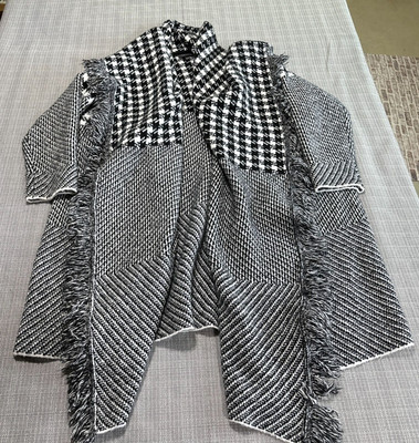 Lane Bryant Sweater Womens 22 / 24 Black White Open Front Fringe Comfort Cozy-image