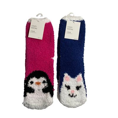 2 Pairs of Cozy Socks Penguins & Cats Size 9-11-image