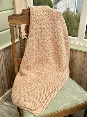 Hand Knit Comfy Afghan Throw Blanket Tan Basket Weave Stitch 58x38-image