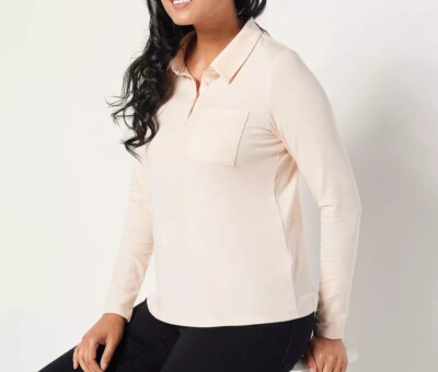 AnyBody Size Medium Pink Cozy Knit Luxe Long Sleeve Collared Polo Shirt Top-image