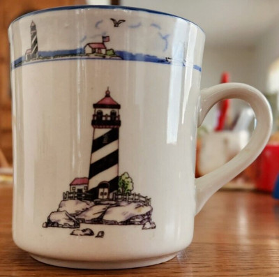 Lighthouse Mugs (pair) 10 oz. Coastal Breeze By Sea Main Stays Stoneware White-image