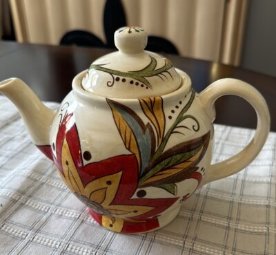 Pier 1 Imports Carynthum Tea Pot Earthenware Floral Design 5 Cups Volume Folk-image