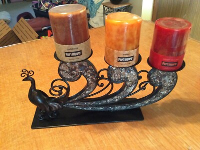 Pier 1 Import Metal Ornate Peacock 3 Candle Holder Glass Mirrored Tiles 8
