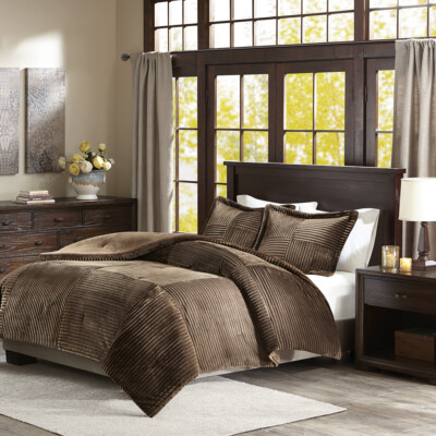 ULTRA PLUSH & SOFT LUXURY WARM COZY FUR CHOCOLATE BROWN STRIPE COMFORTER SET NEW-image
