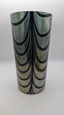 Large Art Glass Iridescent Blue Black Vase Wide Pier One 1 Imports HTF W Tag-image