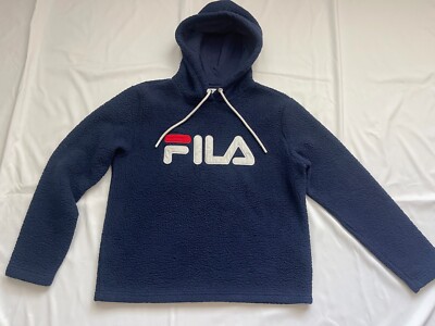 Women Fila Fleece Hoodie Sweatshirt Pullover Plush Fluffy Cozy Top Blue Large L-image